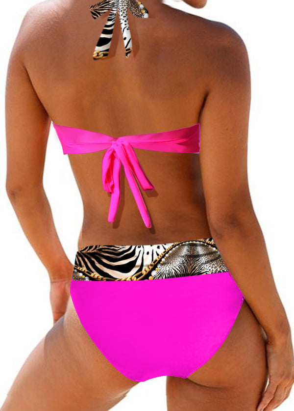Printed Halter Neck Mid Waist Bikini Set