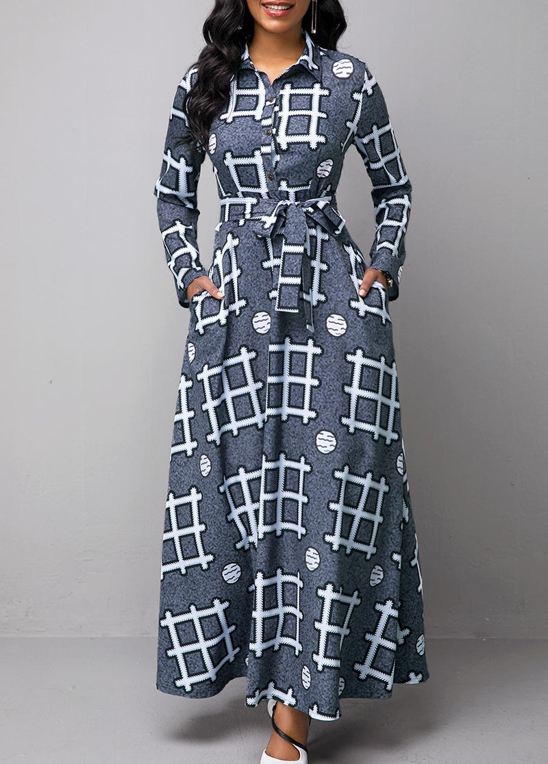 Long Sleeve Geometric Print Turndown Collar Dress
