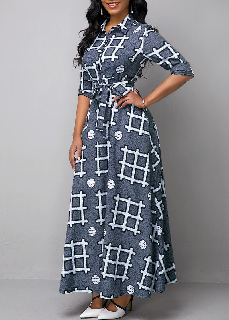 Long Sleeve Geometric Print Turndown Collar Dress