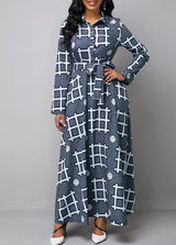 Long Sleeve Geometric Print Turndown Collar Dress