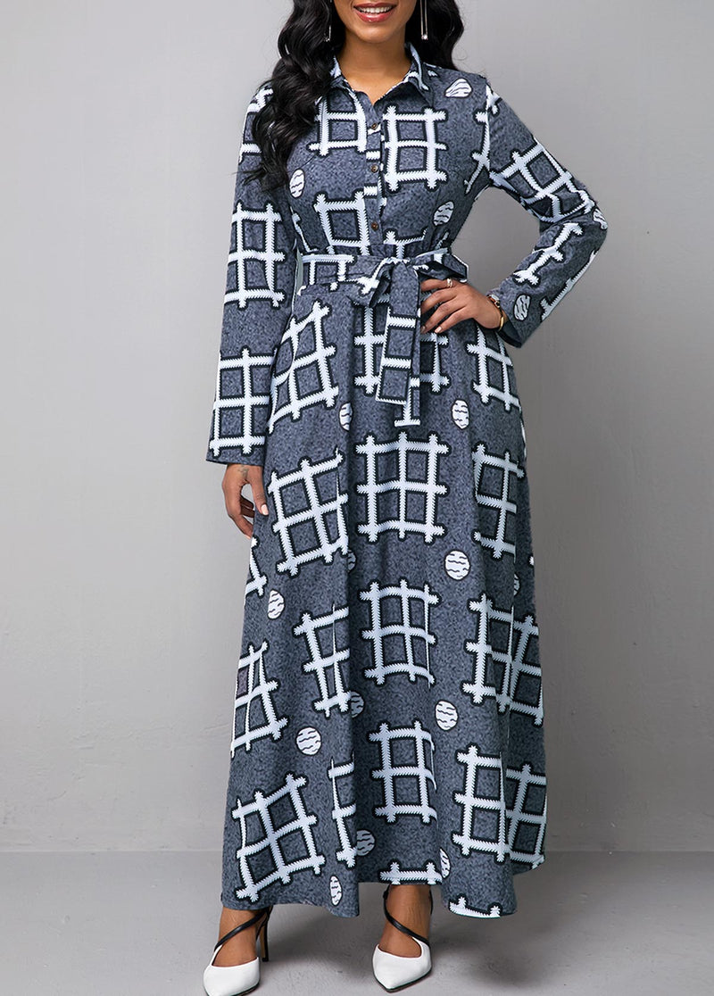 Long Sleeve Geometric Print Turndown Collar Dress