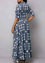 Long Sleeve Geometric Print Turndown Collar Dress