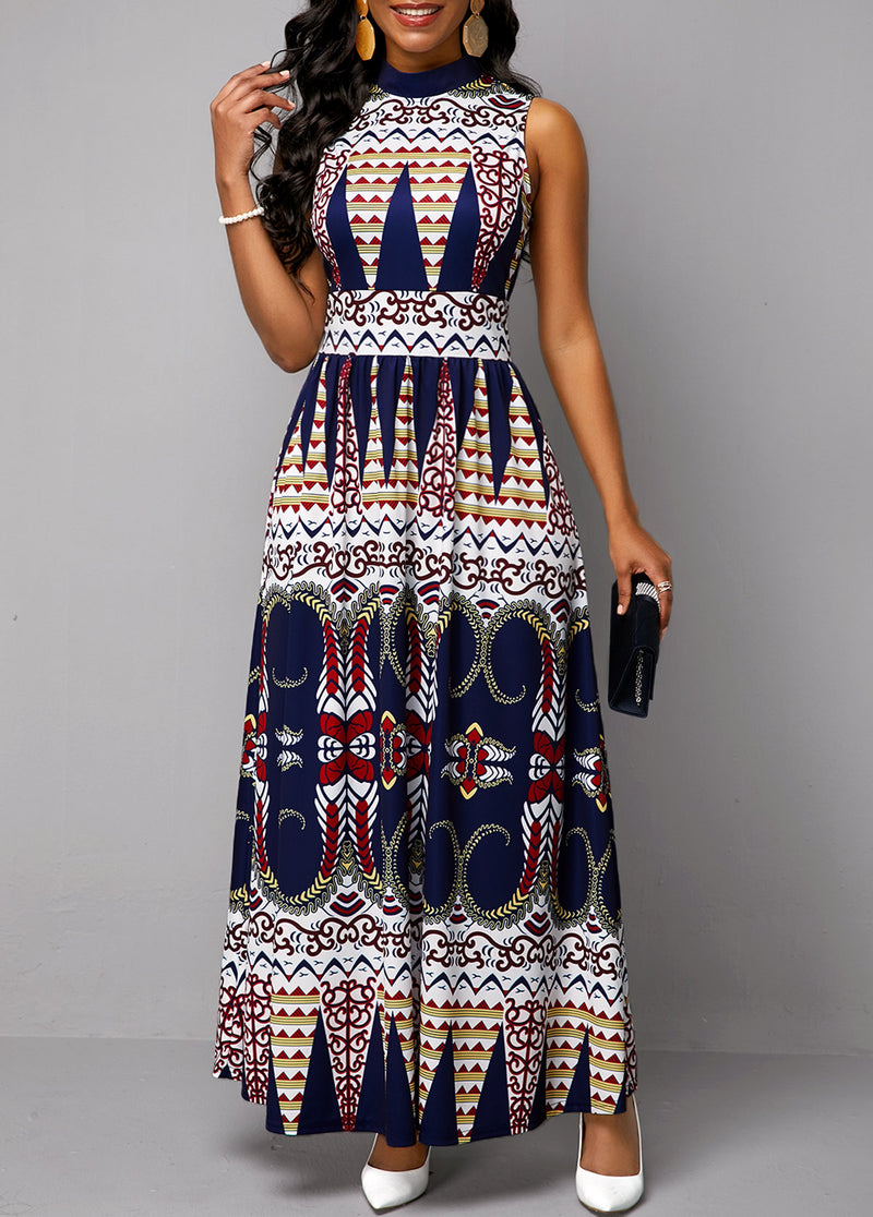 Tribal Print Sleeveless Mock Neck Maxi Dress