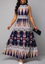 Tribal Print Sleeveless Mock Neck Maxi Dress