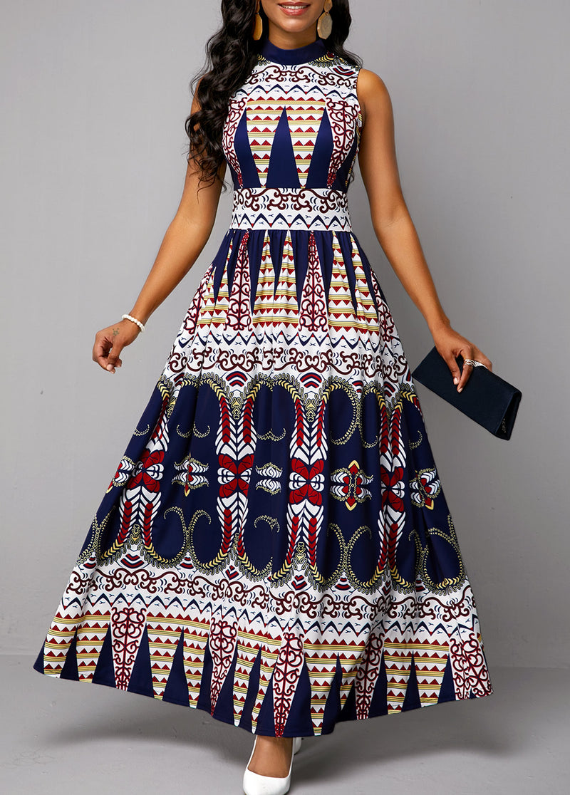 Tribal Print Sleeveless Mock Neck Maxi Dress