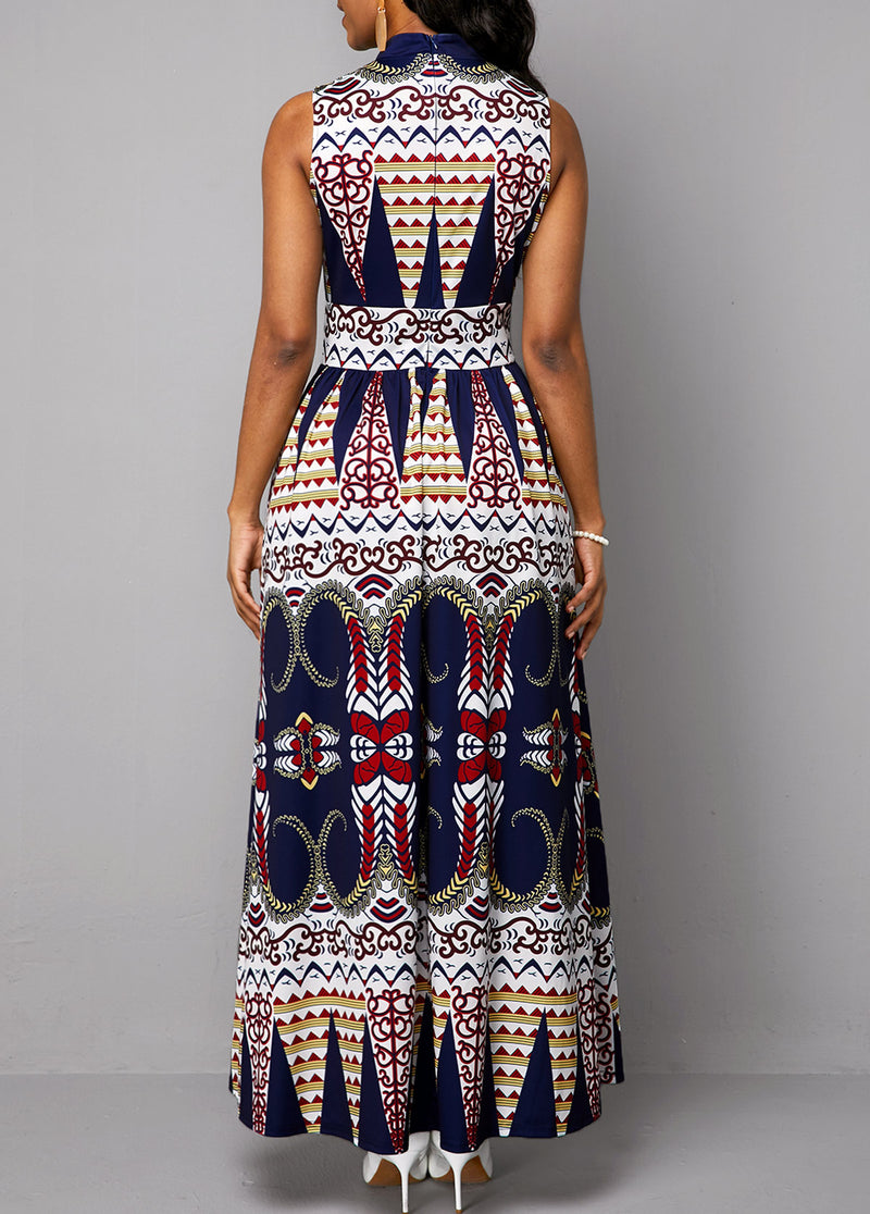 Tribal Print Sleeveless Mock Neck Maxi Dress