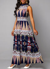 Tribal Print Sleeveless Mock Neck Maxi Dress