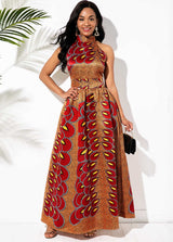 Bowknot Back Bohemian Print Bib Neck Maxi Dress
