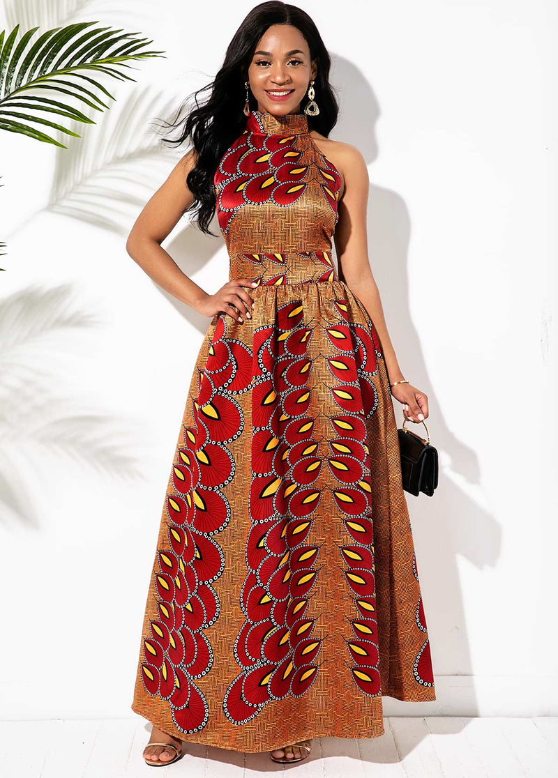 Bowknot Back Bohemian Print Bib Neck Maxi Dress