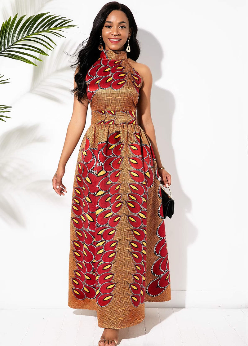 Bowknot Back Bohemian Print Bib Neck Maxi Dress