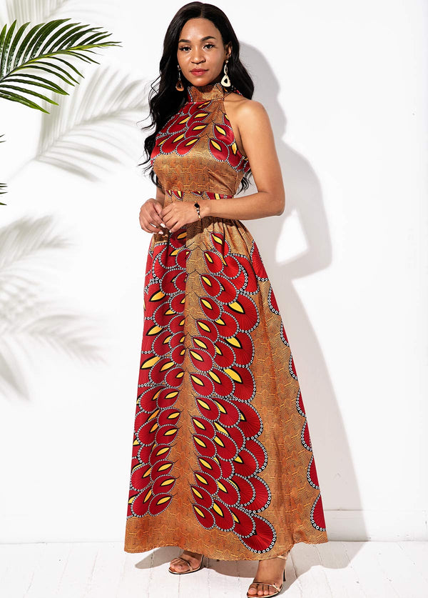 Bowknot Back Bohemian Print Bib Neck Maxi Dress
