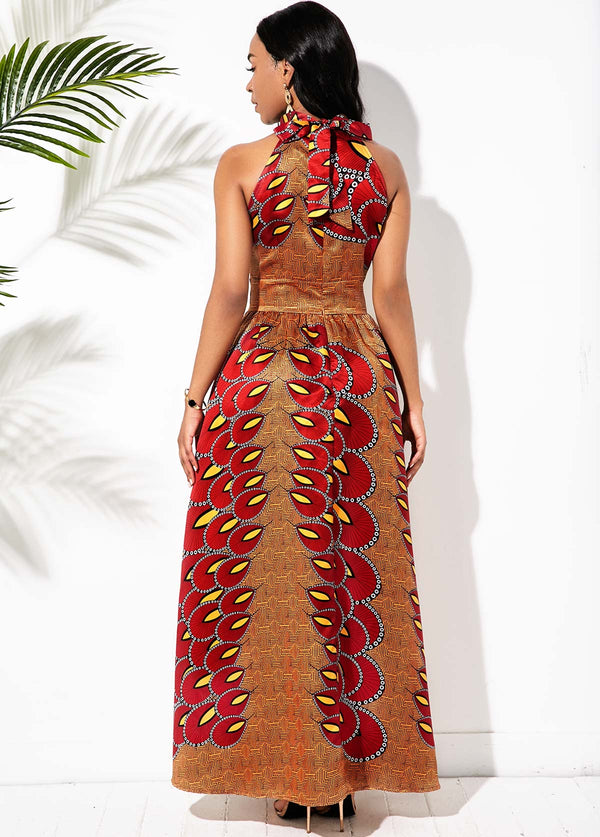 Bowknot Back Bohemian Print Bib Neck Maxi Dress