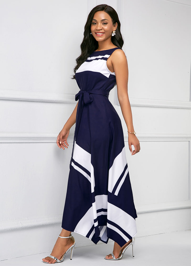 Asymmetric Hem Printed Sleeveless Maxi Dress
