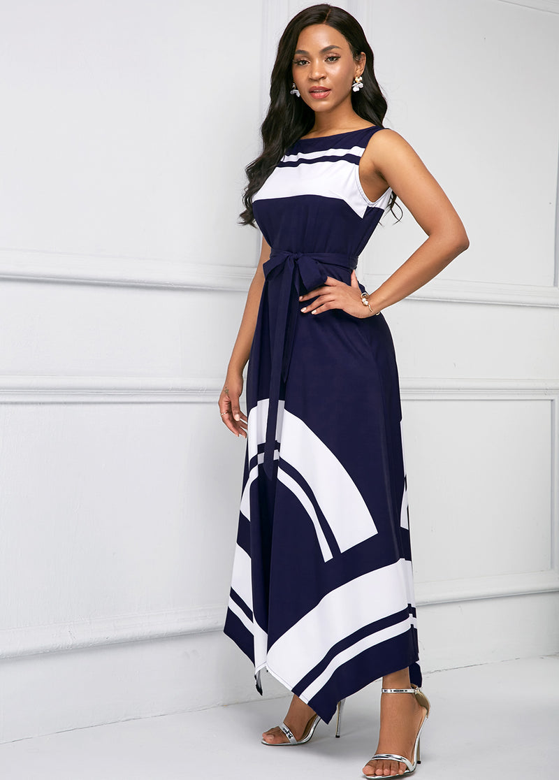 Asymmetric Hem Printed Sleeveless Maxi Dress