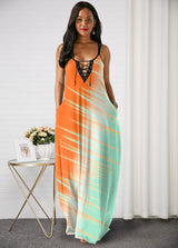 Color Block Spaghetti Strap Lace Up Maxi Dress
