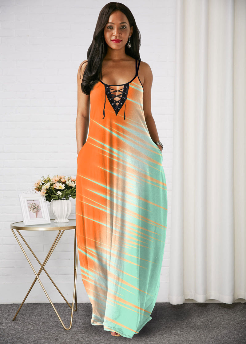 Color Block Spaghetti Strap Lace Up Maxi Dress