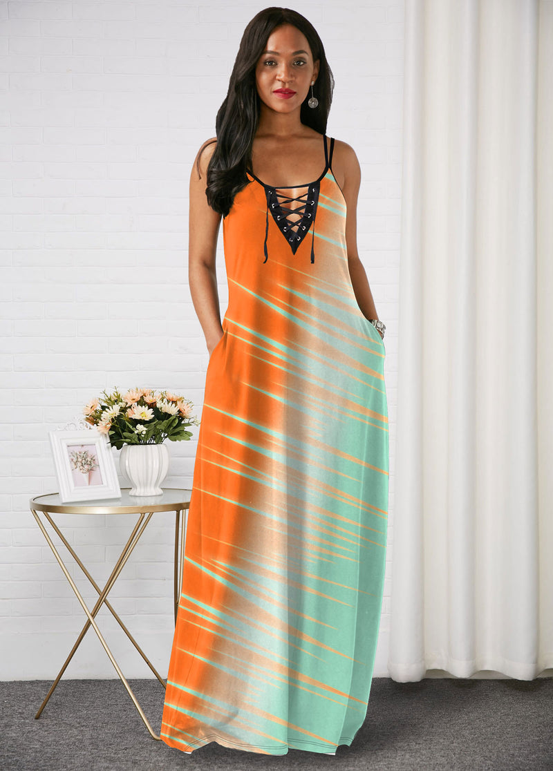 Color Block Spaghetti Strap Lace Up Maxi Dress