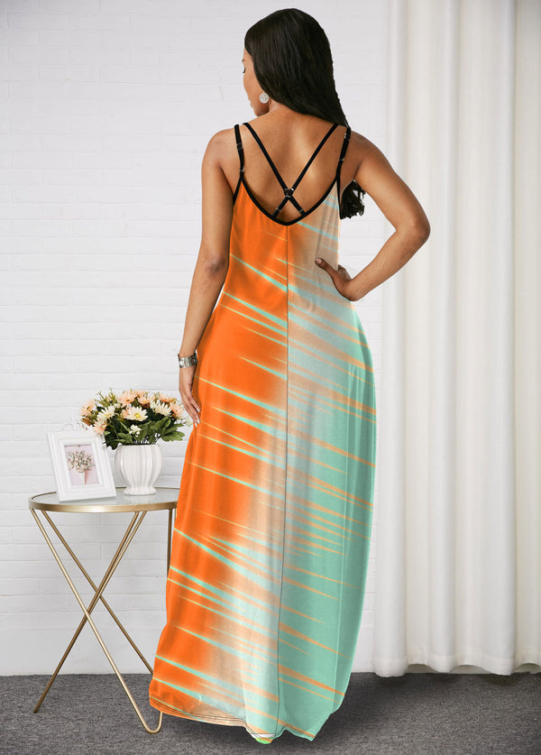 Color Block Spaghetti Strap Lace Up Maxi Dress