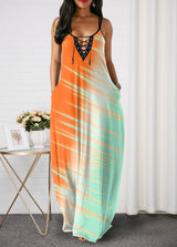 Color Block Spaghetti Strap Lace Up Maxi Dress