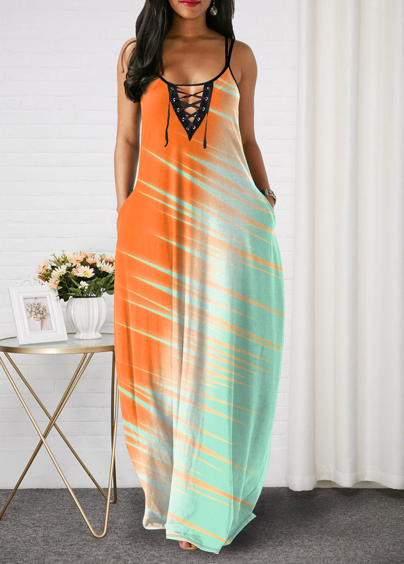 Color Block Spaghetti Strap Lace Up Maxi Dress