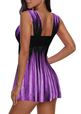 Wide Strap Purple Printed Swimdress and Shorts