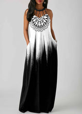 Sleeveless Tribal Print Pierced Maxi Dress