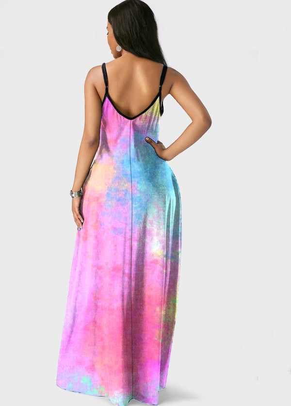 Spaghetti Strap Tie Dye Side Pocket Maxi Dress