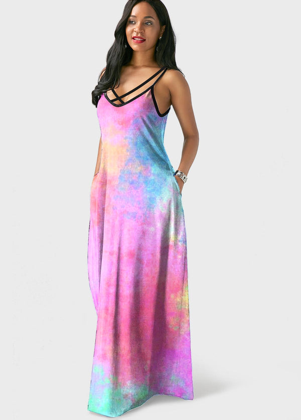 Spaghetti Strap Tie Dye Side Pocket Maxi Dress