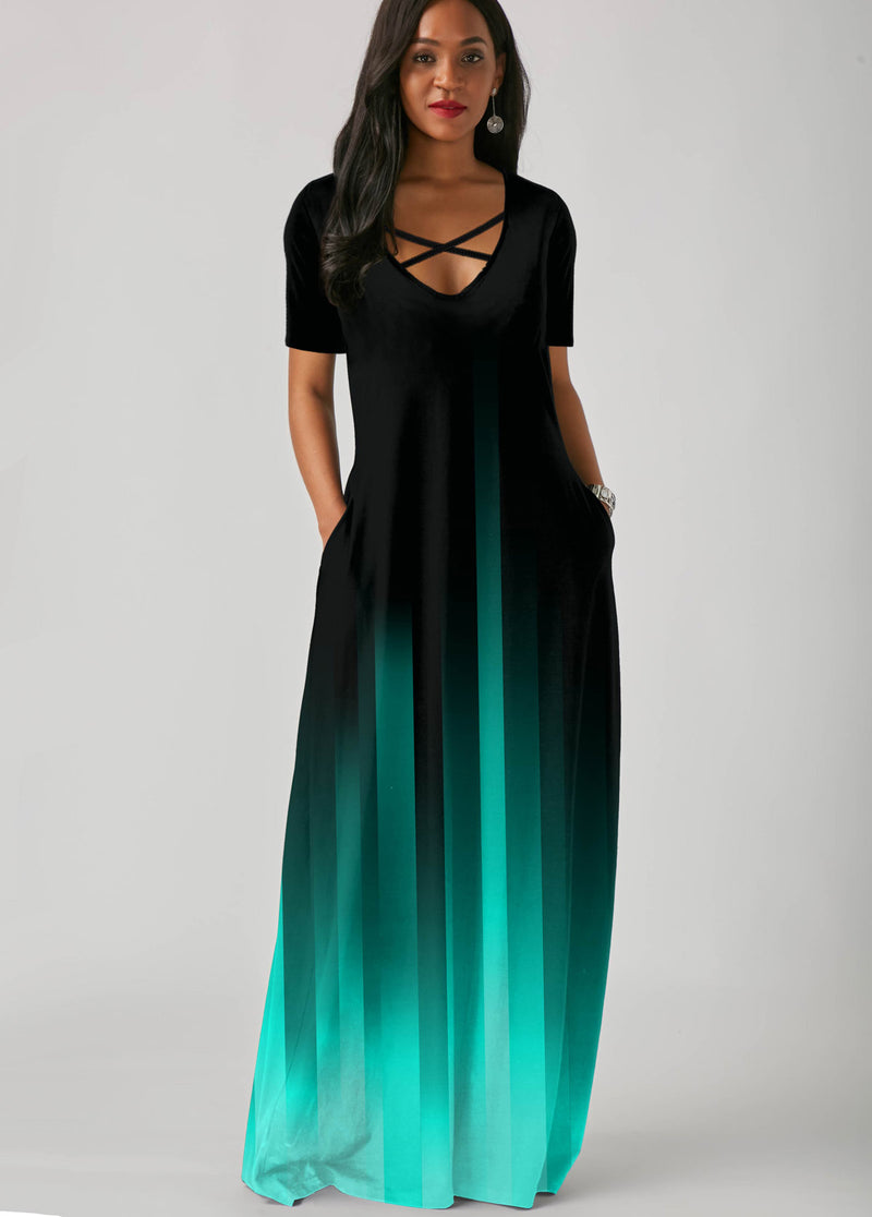 Side Pocket Mint Green Gradient Short Sleeve Maxi Dress