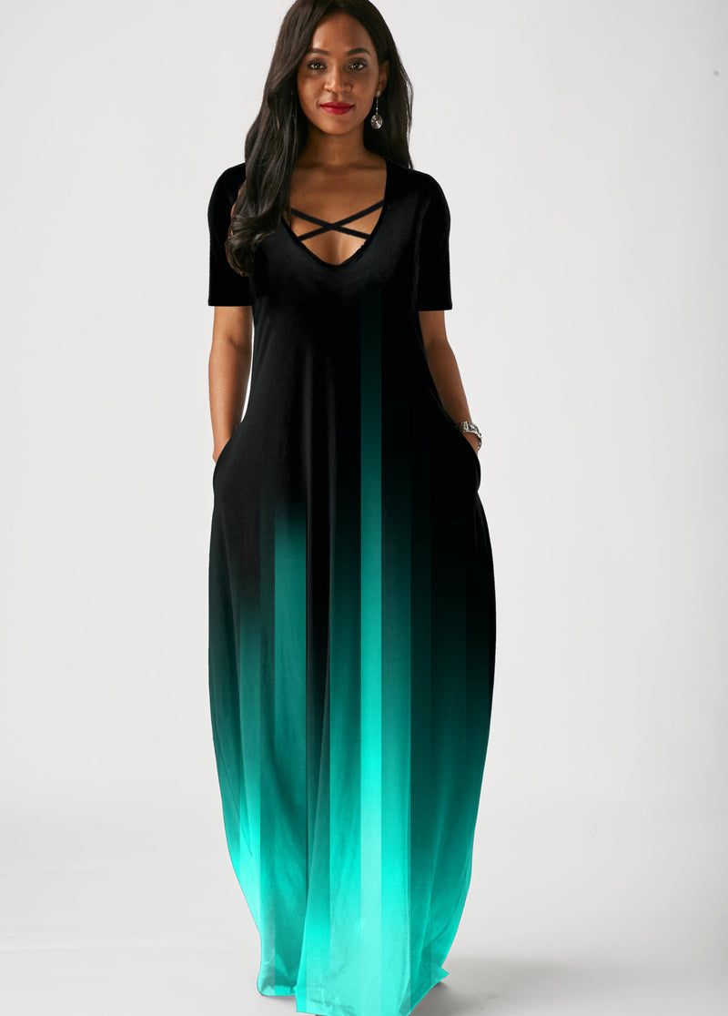 Side Pocket Mint Green Gradient Short Sleeve Maxi Dress
