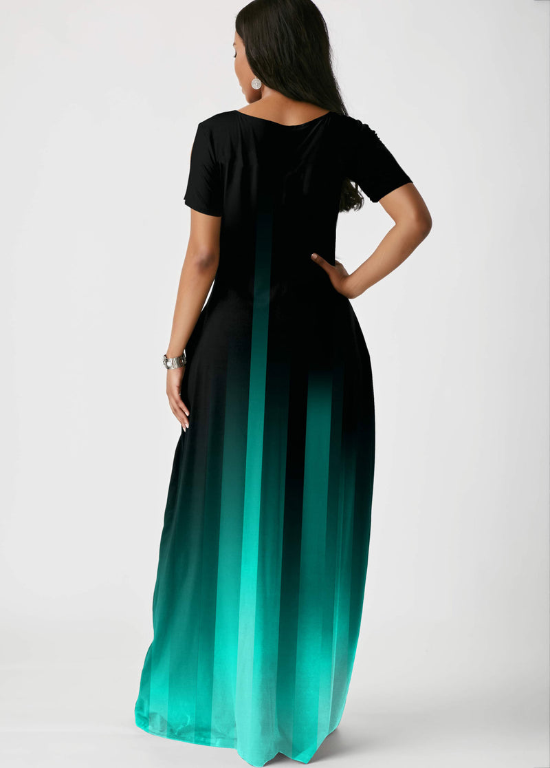 Side Pocket Mint Green Gradient Short Sleeve Maxi Dress