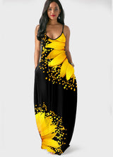 Spaghetti Strap Sunflower Print Side Pocket Dress
