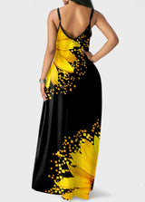 Spaghetti Strap Sunflower Print Side Pocket Dress