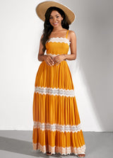 Yellow Sleeveless Lace Stitching Spaghetti Strap Dress
