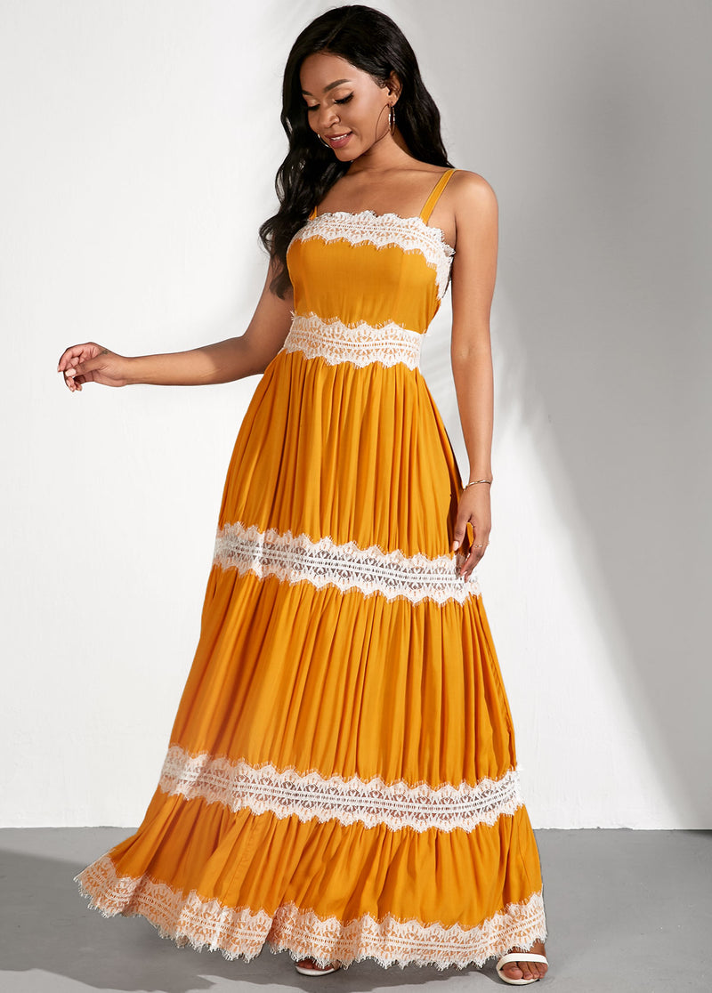 Yellow Sleeveless Lace Stitching Spaghetti Strap Dress