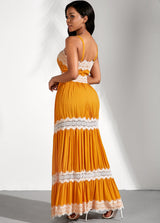 Yellow Sleeveless Lace Stitching Spaghetti Strap Dress