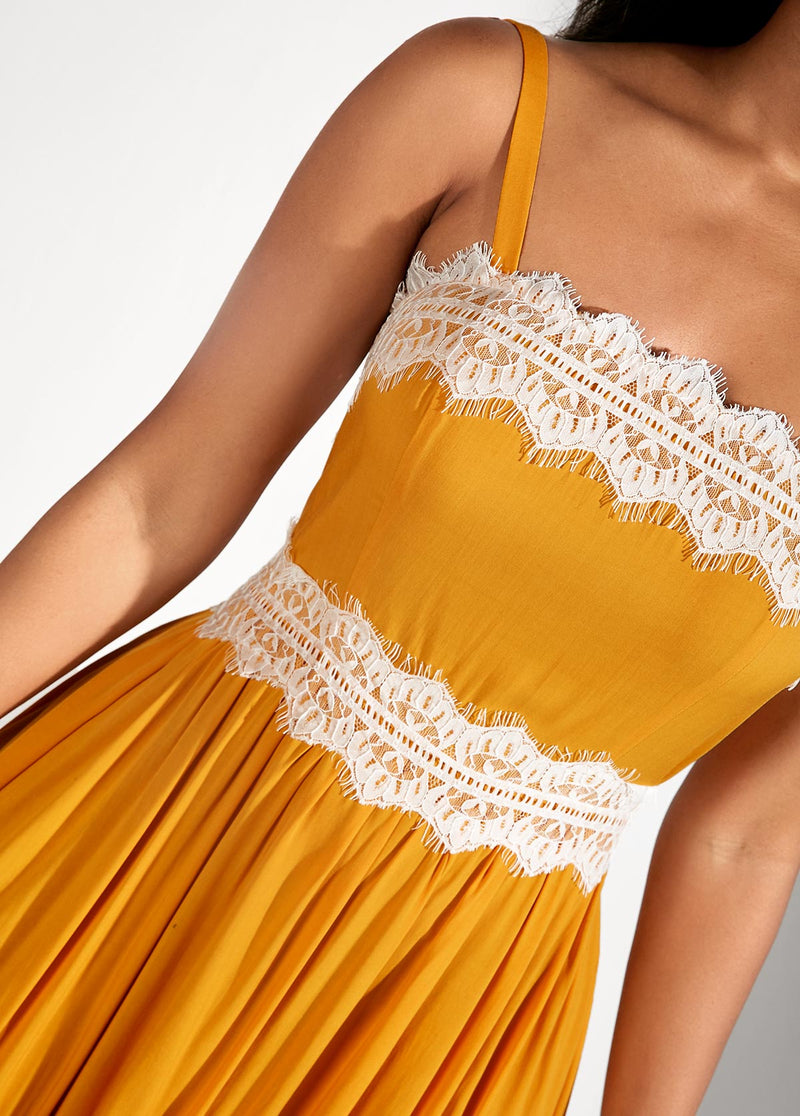 Yellow Sleeveless Lace Stitching Spaghetti Strap Dress