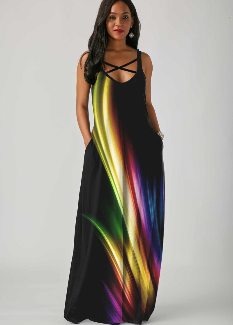 Printed Spaghetti Strap Side Pocket Maxi Dress