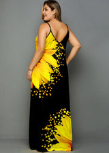 Plus Size Side Pocket Sunflower Print Spaghetti Strap Maxi Dress