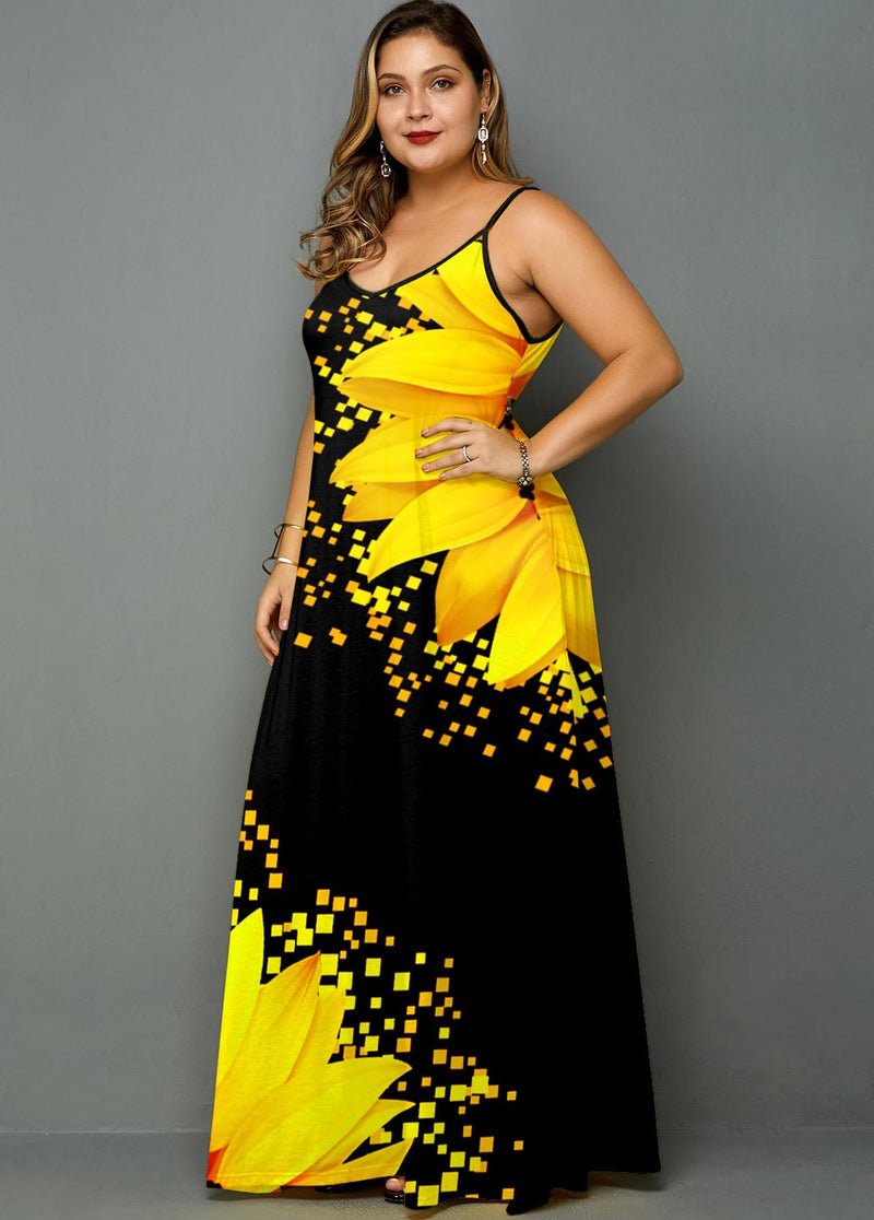 Plus Size Side Pocket Sunflower Print Spaghetti Strap Maxi Dress