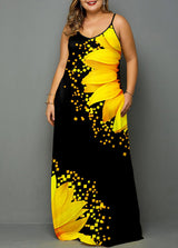 Plus Size Side Pocket Sunflower Print Spaghetti Strap Maxi Dress