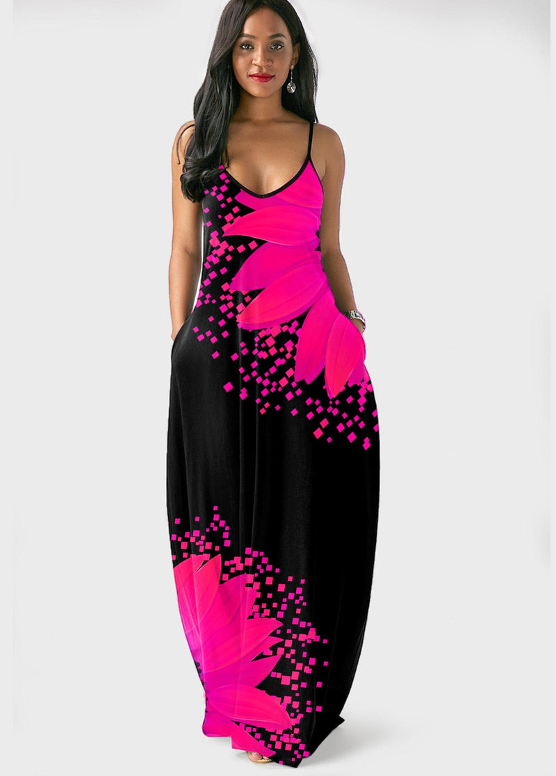 Spaghetti Strap Sunflower Print Side Pocket Dress