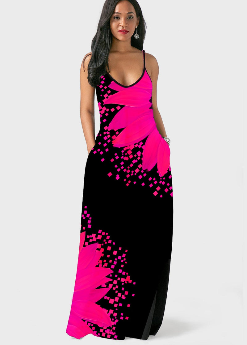 Spaghetti Strap Sunflower Print Side Pocket Dress