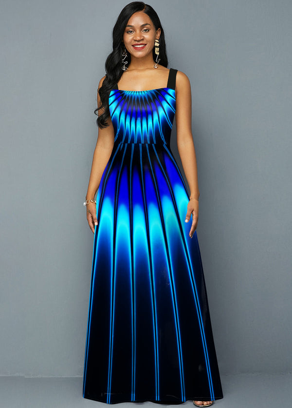 Printed Blue Spaghetti Strap Maxi Dress