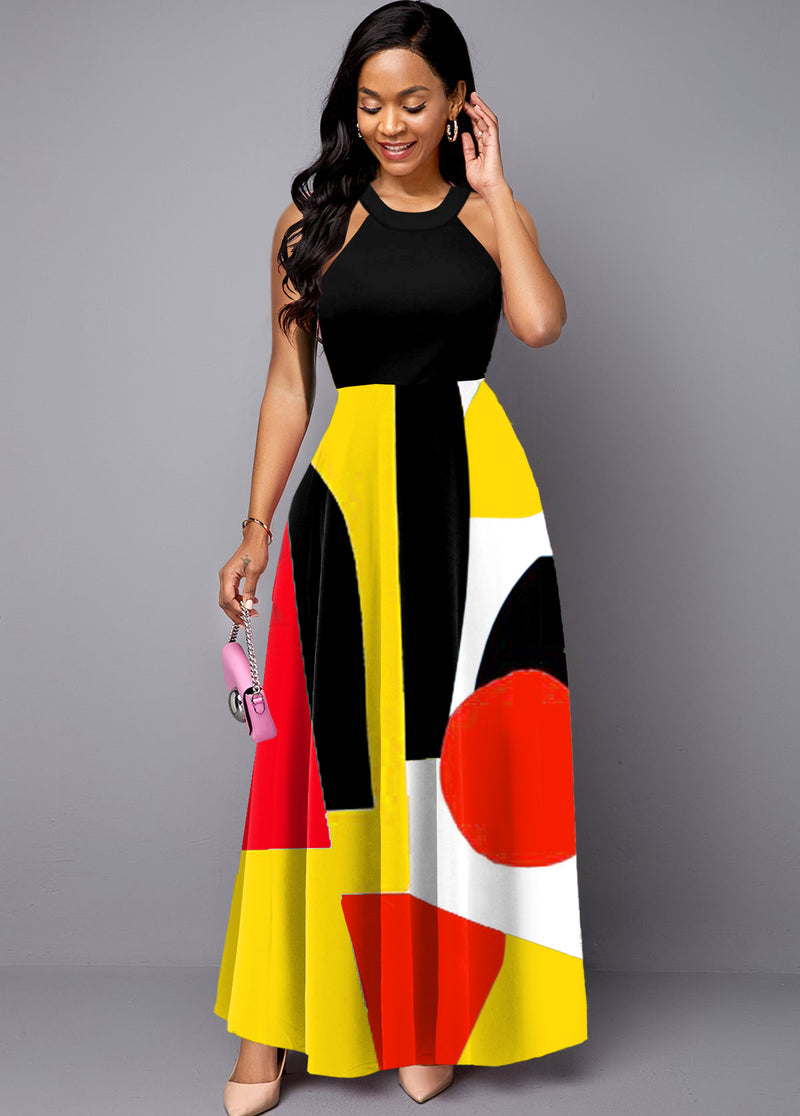Neck Geometric Print Sleeveless Maxi Dress