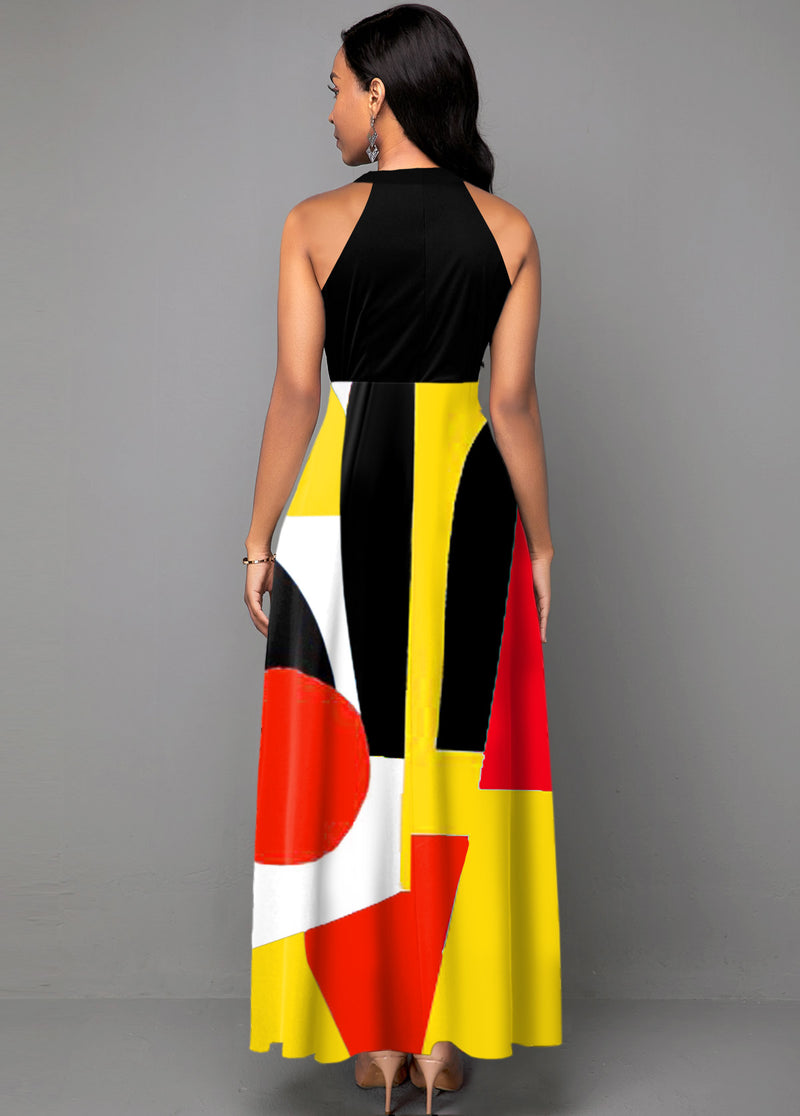 Neck Geometric Print Sleeveless Maxi Dress