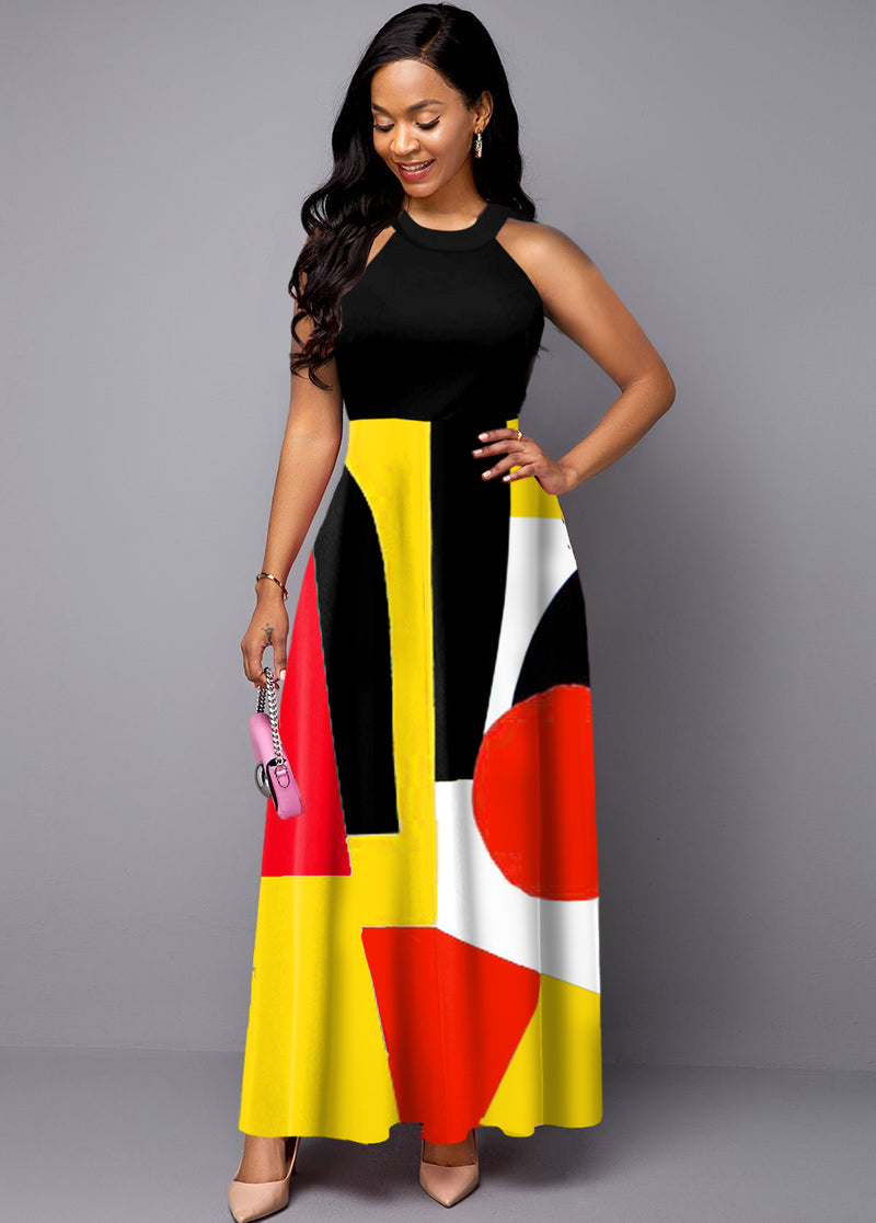 Neck Geometric Print Sleeveless Maxi Dress