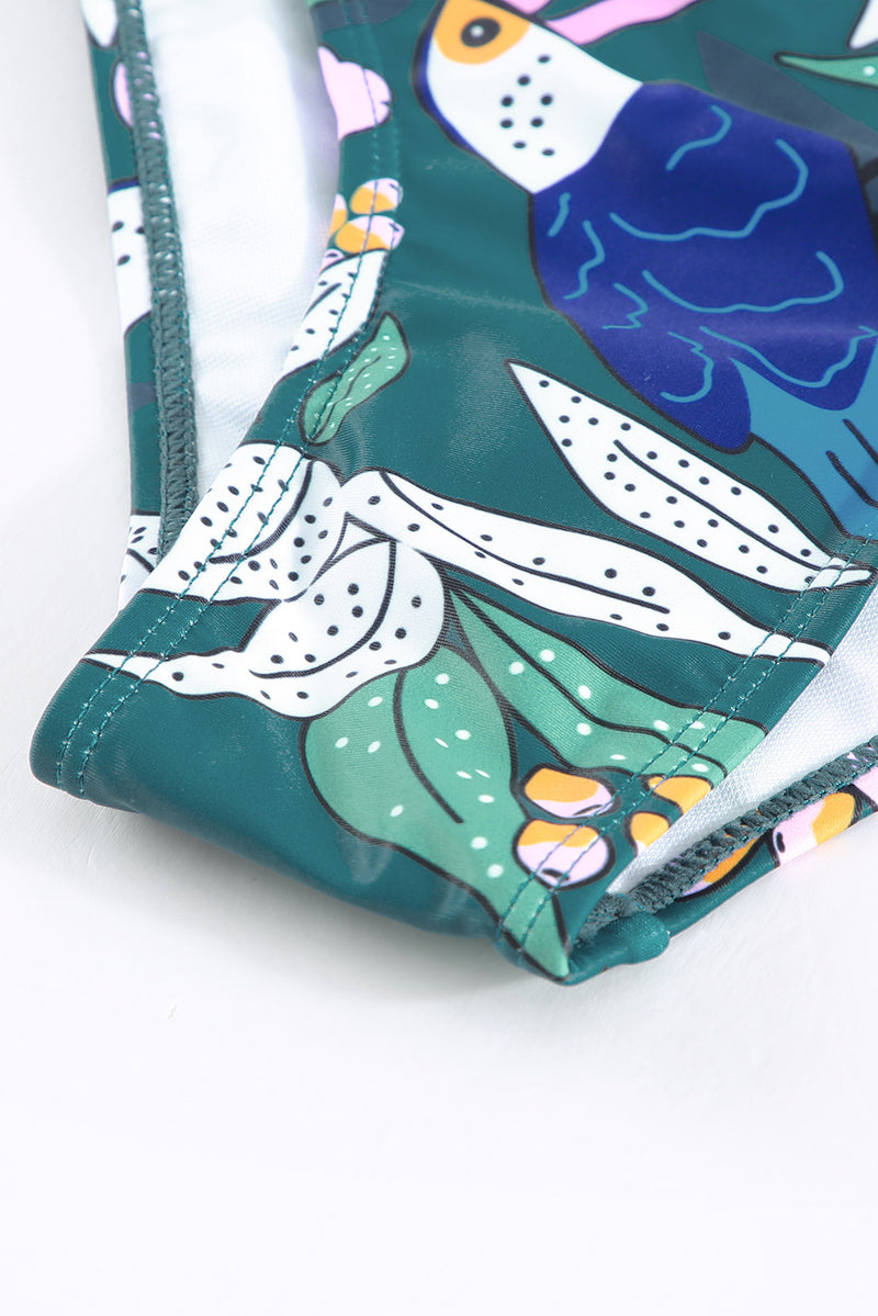 Green Floral Print Ruffled Single Shoulder High Waisted Swimsuit