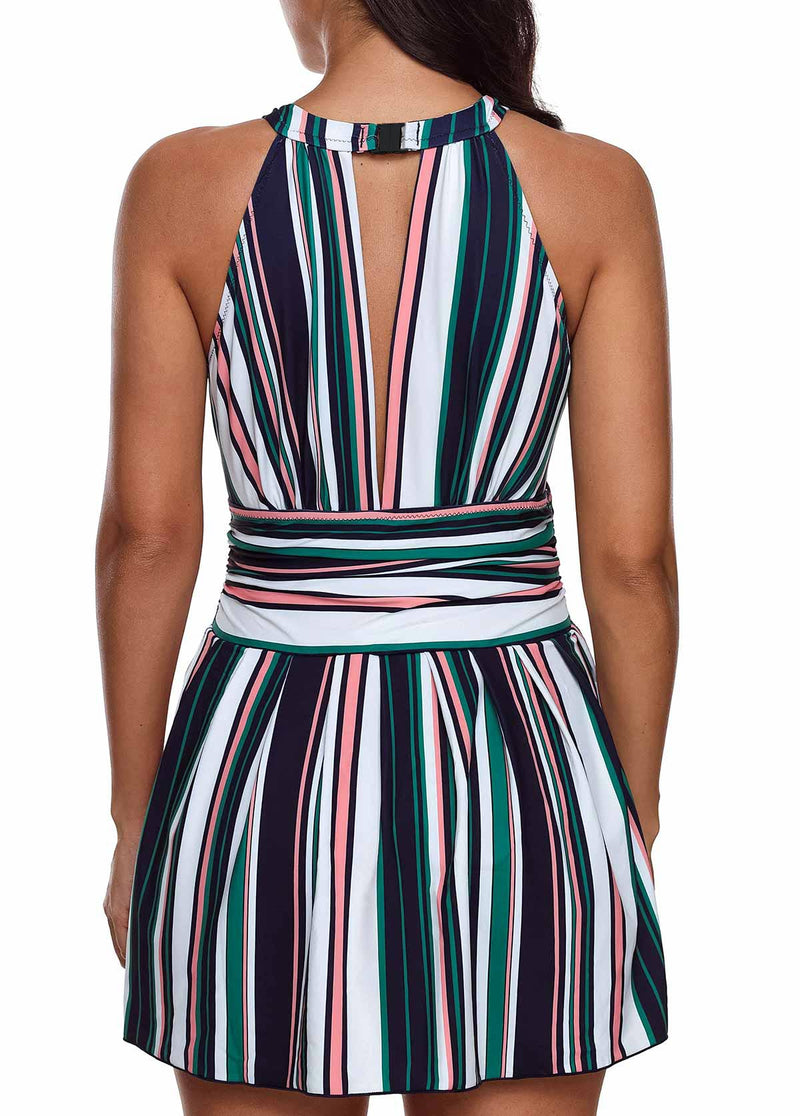 Bib Neck Striped Swimdress and Shorts