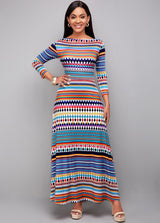 Long Sleeve Bohemian Print High Waist Dress